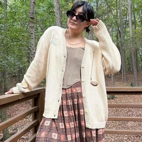 SOLD / AMAZING VINTAGE cream y2k LIZ CLAIBORNE GOLF knot knit cardigan! - Picture 4 of 8